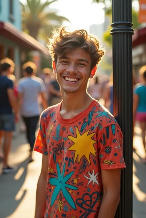 Create an image illustrating a man wearing a t-shirt who is young and smiling on the street where he lives in the background. The person is smiling and happy. The image in the background shows people talking. 
