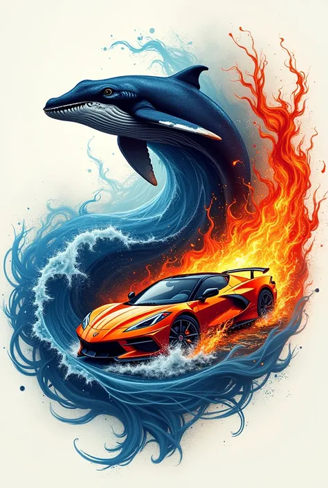 A tattoo showing fire and water like ying yang while in the water there is a whale and in the fire there is a car