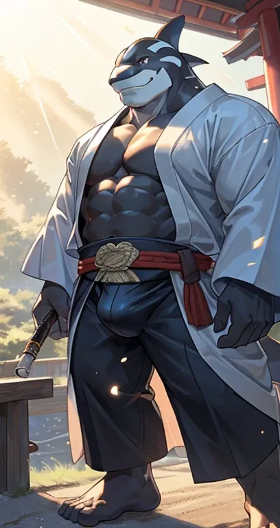 alone,masterpiece,Humanity,male,Killer whale(black body),scale,Delicate face,Delicate eyes,Strong muscles,Intimidating,bright,hard boiled,Pure japanese style, early morning, countryside,Japan,Yakuza,Light blue kimono,Have a pipe,pirate,Bold Smile,whole bod...