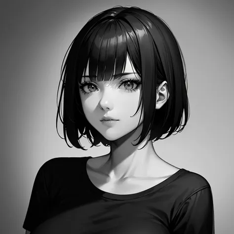 1girl, solo, sharp eyes, monochrome, greyscale, short black hair, portrait, t-shirt, closed mouth, looking at viewer, sketch, gr...