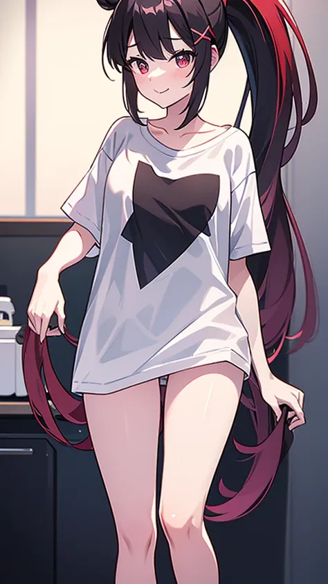 High tail hairstyle, two Ponytail hairstyle, Ponytail hairstyle, Long wavy black hair, standing posando, anime girl style, pixel art anime style,penetrating look with deep eyes,red and purple eyes, hair with a ponytail hairstyle trapped with a big red bun,...