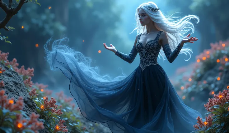 A mesmerizing sorceress with silver hair and piercing blue eyes, floating above a mystical, otherworldly landscape filled with glowing plants and ethereal light. She is adorned in a flowing black dress with intricate silver embroidery. Her hands weave thro...