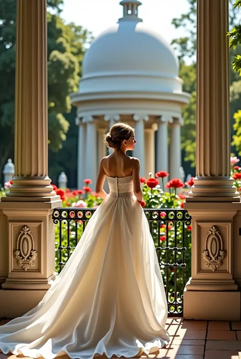 A classic white dome with two intricately designed columns. Between the two pillars is a chest-high iron fence.. On the other side of the fence are lush trees with velvet roses peeking out.. Girl with a white, flowing wedding dress, shoulder to shoulder pi...