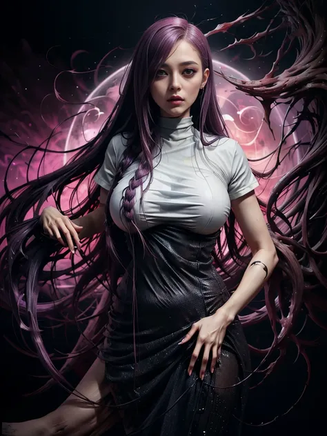 background（Black Night Sky，Big Moon），Close-up of a woman，Wearing a white shirt、Purple Hair，Very long hair，very thick braids，Purple eyes，big ， realistic girl rendering, 8k artistic german bokeh, sexy creature girl, Real Girls, Gurwitz, Gurwitz-style artwork...