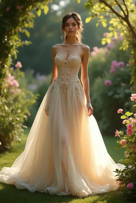 Can you make me a dress with a corset with a flower-inspired drape structure and a skirt with the front uncovered to the knee with a balloon structure?