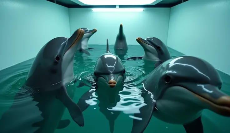 Five dolphins are in a small enclosure and appear to be in distress.