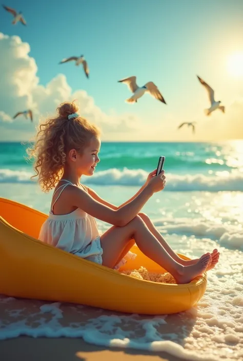 A girl with curly hair sitting into a slipper and pass across sea ,taking a realistic photo and a phone in her hand