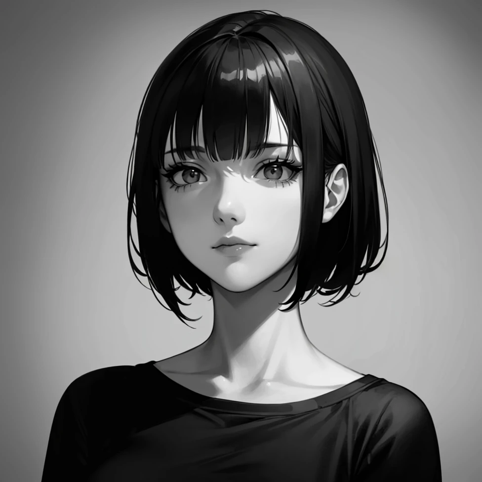 1girl, solo, sharp eyes, monochrome, greyscale, short black hair, portrait, t-shirt, closed mouth, looking at viewer, sketch, gr...