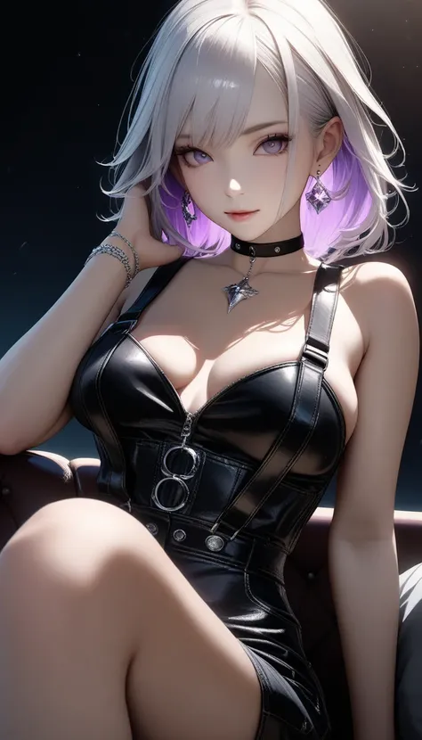 , ((She has silver earrings in her ears... Black choker、Sexy punk fashion with a black base、Too much exposure))、(white hair color、Light purple inner color hairstyle、Hair expressed with a delicate touch), Beautiful Hair, Facial Contour, Remember, Luxury Lou...