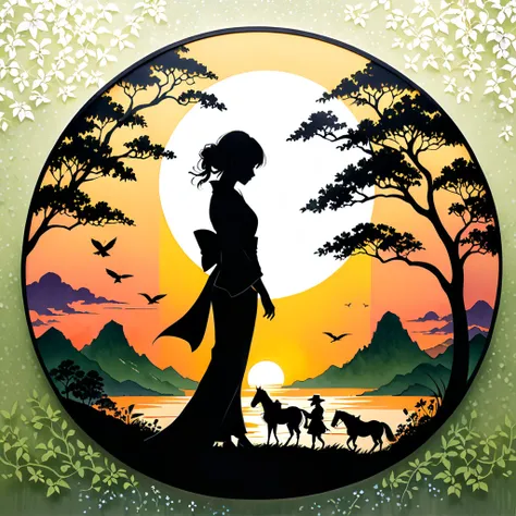 (Silhouette Art,cutouts:1.6) (((paper cut art,A world where there is only black:1.3) (cowboy shot),1 girl,standing alone, (kimono girl,perfil:1.2),offwhite, face clearly and beautifully,Sunrise behind the range (morning glow、Viola　grama verde:1.1) Textured...