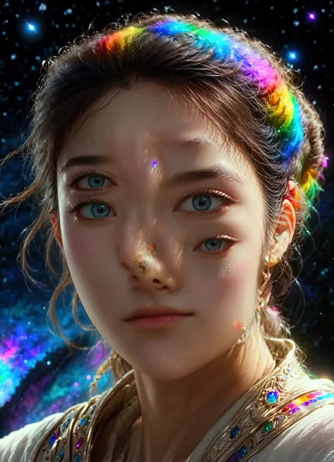 Masterpiece, Superb Girl, Cute Girl, Bust, High Detail Eyes, Perfect Eyes, Portrait, High Detail Face, Same Eyes, Glare, Rainbow Color, Global Illumination, Soft Light, Dream Light, Digital Painting, 8K Close-up, Fantasy, Night Sky, Stars, Nebula, White Cr...