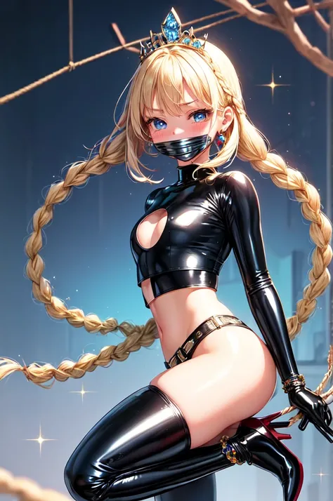 Shiny blonde hair, Very long hair, sophisticated haircut, ((((Fully Braided Hair)))), ((Small twisted braids)), Narrow, oval face, Obedient, (((Gagged))), ((((tight latex crop top)))), Cute blushing 18 year old anime girl, She is embarrassed and blushing s...