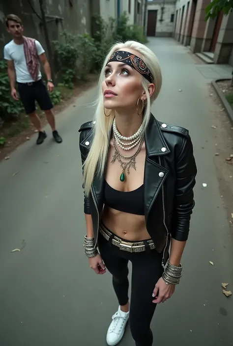 russian milf woman, biker gang member, platinum blonde hair (straight, middle part) with bandana headband, with very light blue eyes, extremely pale. Wearing cropped black moto jacket, push up bra bra, leopard print leggings and white tennis sneakers . Lot...