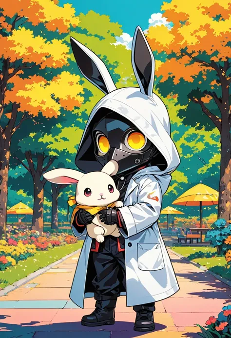 (masterpiece, best quality:1.1), (ultra highres, ultra-detailed:1.2),pop-art style,flatcolor, (he is playing),(in kids park), BREAK chibi-boy,(wearing plague-doctor costume,plague-doctors mask),eyes glow yellow,(white hood with rabbit ears),white lab-coat,...