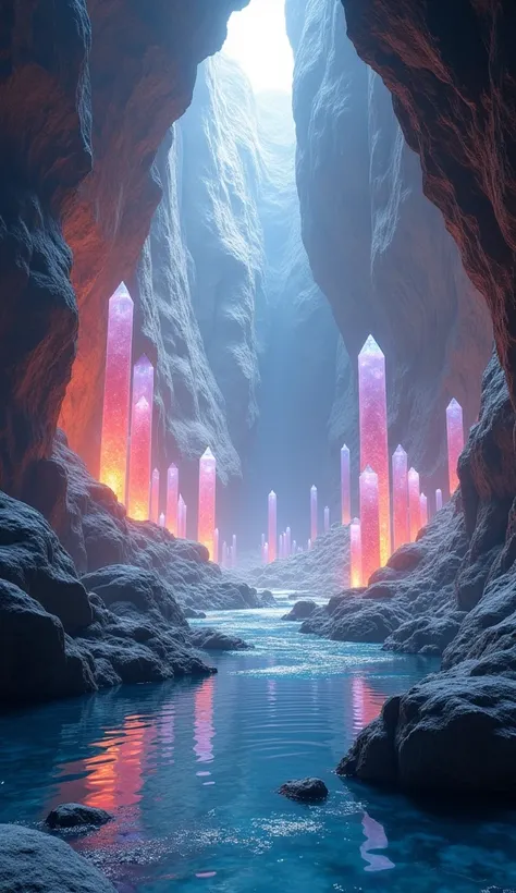 Imagine an enormous underground cavern filled with towering crystal formations, each one radiating a soft, rainbow-colored light. The walls of the cave are smooth and reflective, amplifying the glow of the crystals. A tranquil river of liquid silver winds ...