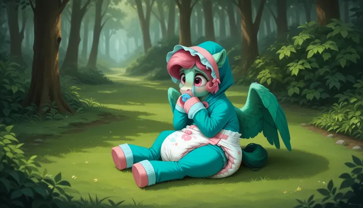 pony, Pegasus, adult mare, emerald green fur, a lush mane, gathered into an adult size bonnet, bushy tail, sitting outside, wearing an adult-sized onesie and booties, pacifier in mouth, solo, thick diaper under clothes, bulge on the back of the diaper, bet...