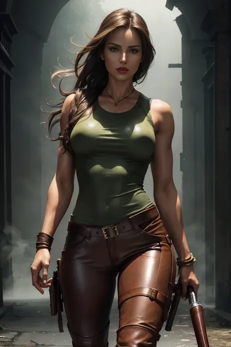 full length sexy beauty Lara Croft, slim, tall, brown long hair, brown eyes, red lips, athletic slim figure, large breat, muscle, brown leather pants, green leather t-shirt, leather boots, run, background, mist, fog, blurred shadows, photorealistic