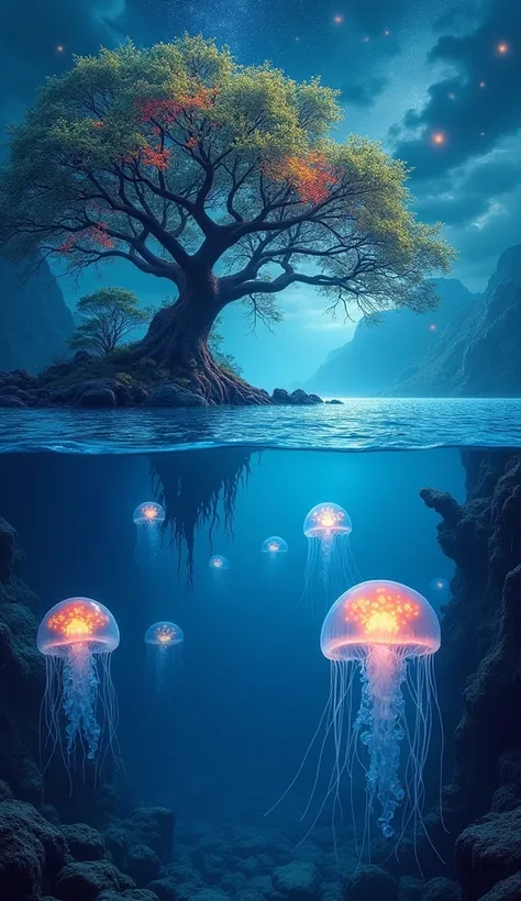 Imagine an endless ocean with no horizon, where the sky and sea merge into a seamless gradient of deep blues and silvers. Giant, translucent jellyfish float just beneath the waters surface, their tendrils glowing softly. In the distance, enormous, ancient ...