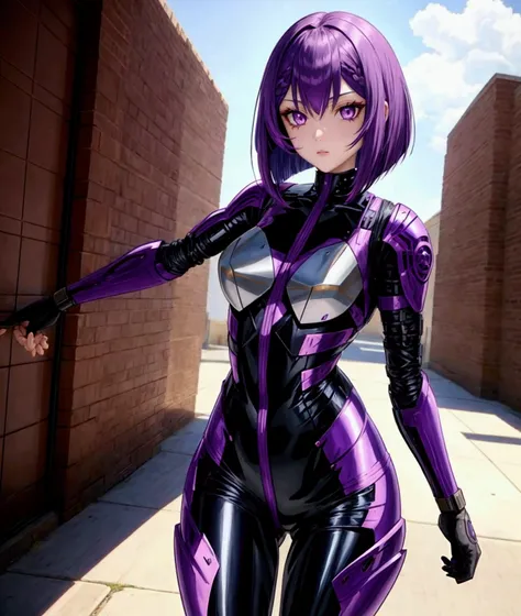 Purple colored hair　Bob length hair　Straight Hair　Purple eyes　beautiful girl　Sci-fi anime　Fighting Women　Skin-covering combat suit