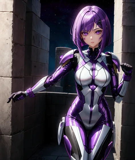 Purple colored hair　Bob length hair　Straight Hair　Purple eyes　beautiful girl　Sci-fi anime　Fighting Women　Skin-covering combat suit