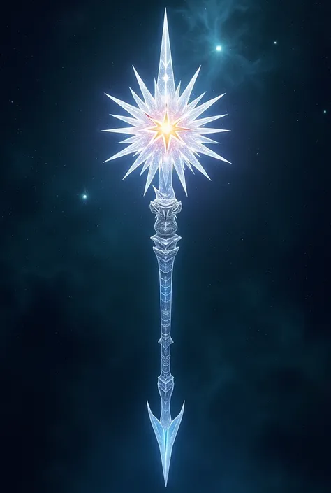 A staff with a star inside and spikes on the outside that resemble the sun. Additionally, the bottom of the staff incorporates a sharp spear, and its white 
( no human)
