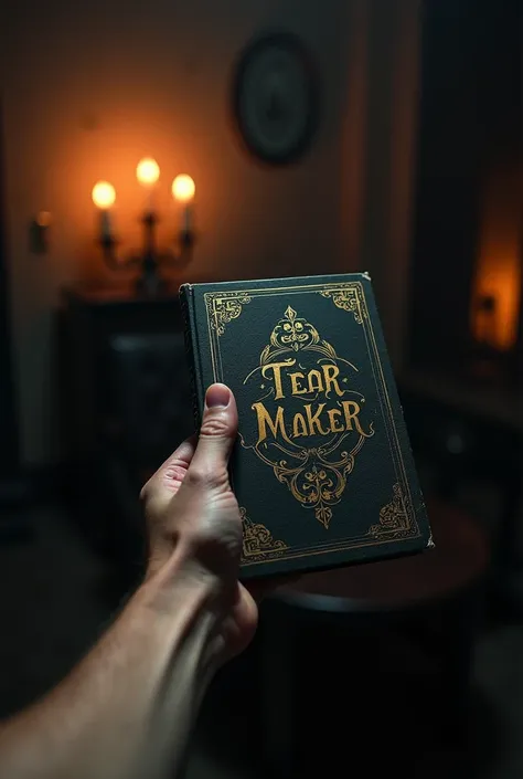 An image showing a male hand, holding the book "tear maker" at Erin Doom