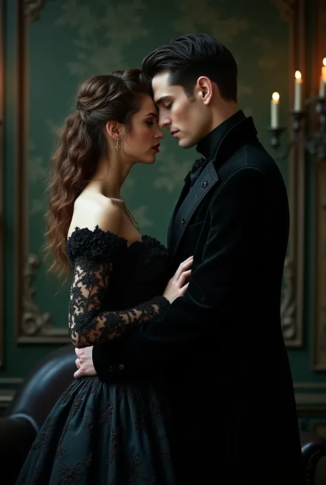 A Victorian couple, elegant, dark, vampire, holding each other, dark aesthetic, vampire aesthetic, book cover aesthetic, kings close

Woman: long hair, curly, brown hair, not much volume, english, Anthrazit dress, elegant, 23,
Guy: black hair, short hair, ...