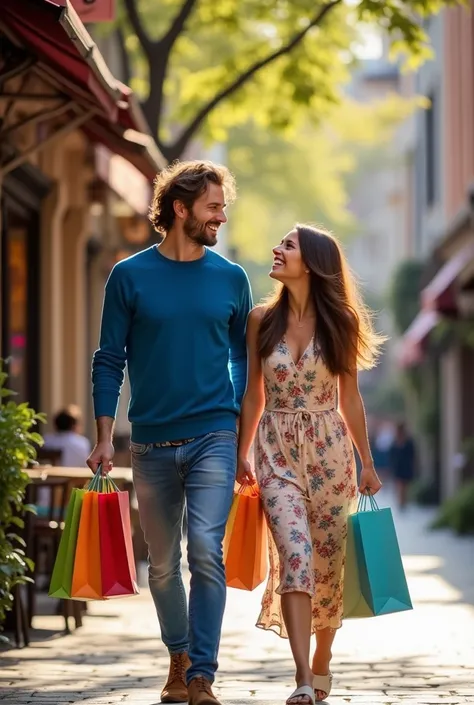 A smiling couple with shopping bags in their hands leaving a store
