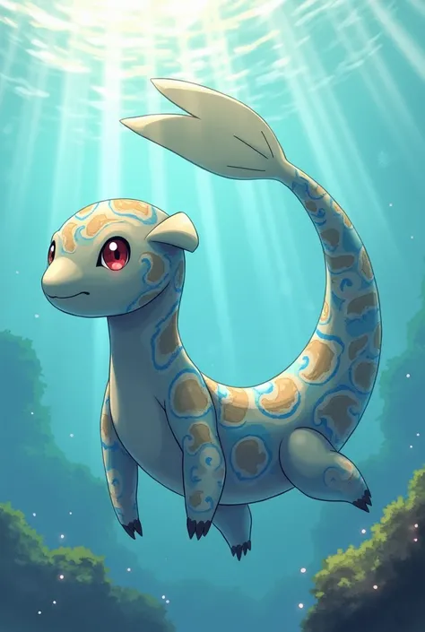 Drawing of a water and ground type Pokemon, inspired by a polypterus senegalus, in light gray color, with blue and brown details, without legs