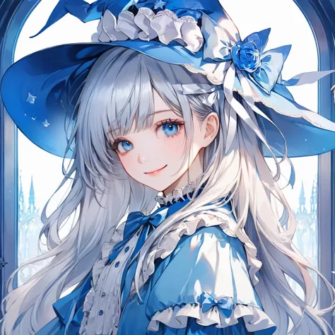 (pastel color theme art),(top-quality),(masterpiece),(1 girl),(solo),Delicately drawn face,girl with a pretty face,beautiful detailed blue eyes,beautiful detailed blue witch hat with white ribbon ornament,beautiful detailed blue lolita witch fashions with ...