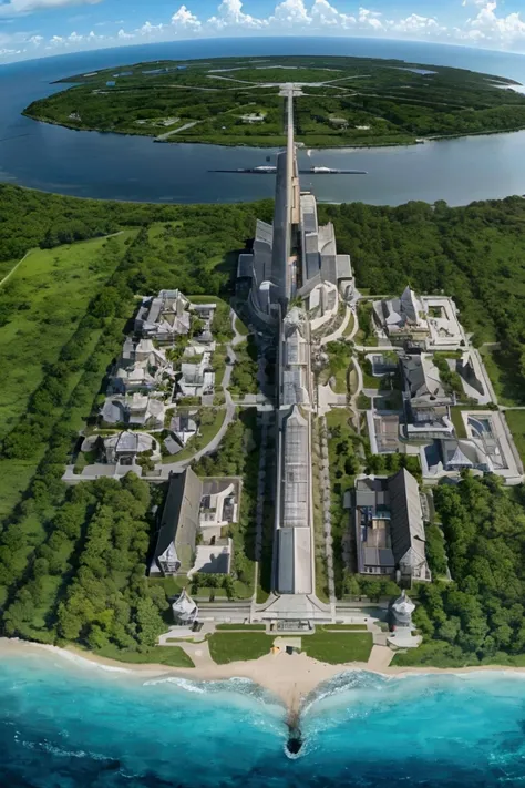 "An aerial view of the Zalvediuse academy, a futuristic, black and gold complex, set on a private island. The central building, a gleaming beacon of power and prestige, is surrounded by sectors: a luxurious dormitory to the east, a bustling city to the wes...