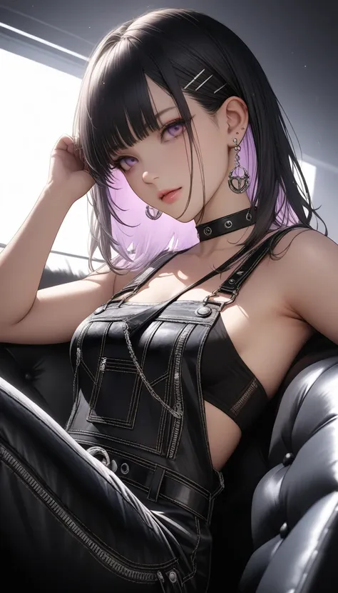 , ((she has silver earrings in her ears... black choker、sexy punk fashion with a black base、too much exposure))、(white hair colo...