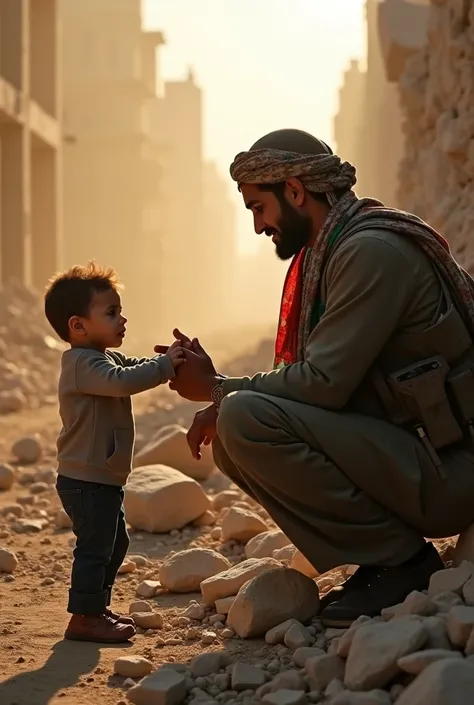 Depicts a child kissing the hand of a male Islamic fighter wearing a Palestinian flag face covering carrying a weapon in front of a collapsed building.