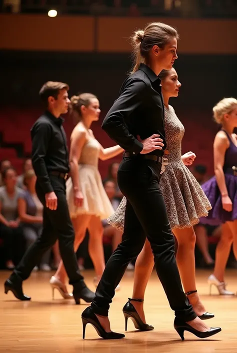 PANTS, body referring to wool weddings for a reign choreography, men with black shirt and pants. Women in heels and men in shoes. Having a wool design on her outfit for dance choreography for a Teen Queen Contest , wool accessories.