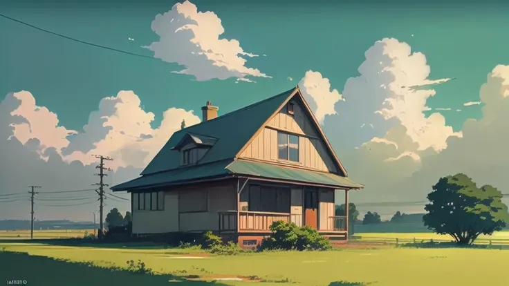 There is a painting of a house standing in a field with electric wires strung across it., Anime countryside landscape, simon stålenhag color scheme, Anime scenery, Simon Stenhaag Palette, style of simon stalenhag, Anime sceneryコンセプトアート, Simon Stålenhag Ver...