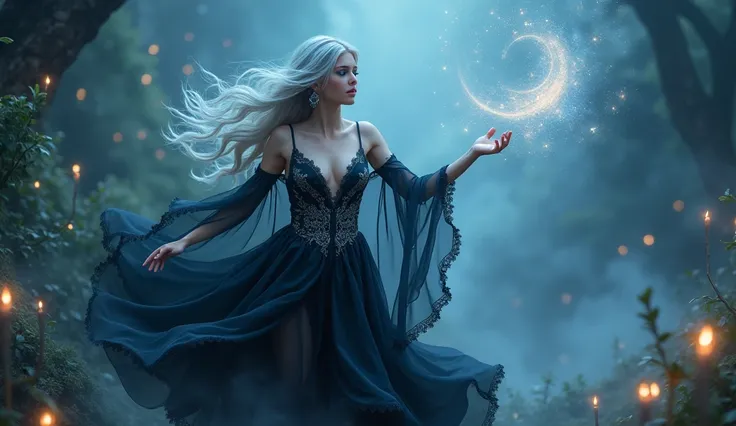 A mesmerizing sorceress with silver hair and piercing blue eyes, floating above a mystical, otherworldly landscape filled with glowing plants and ethereal light. She is adorned in a flowing black dress with intricate silver embroidery. Her hands weave thro...