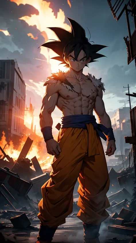 Goku standing with his head held high, his gi torn and body bruised, but with a look of unwavering resolve. The background is a battlefield in ruins, with smoke and debris around him, but Goku remains a symbol of strength and endurance.