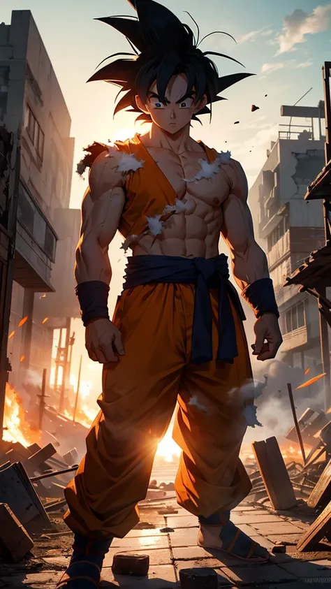 Goku standing with his head held high, his gi torn and body bruised, but with a look of unwavering resolve. The background is a battlefield in ruins, with smoke and debris around him, but Goku remains a symbol of strength and endurance.