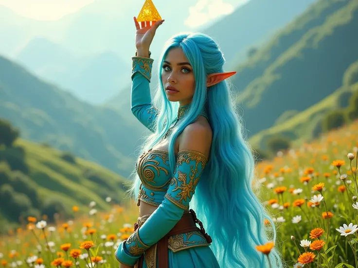 beautiful biracial latina woman, long light blue hair, light blue eyes,large breasts, wear zelda cosplay, in a valley, look and hold the triforce, extremely detailed full body ,Résolution Haute, 