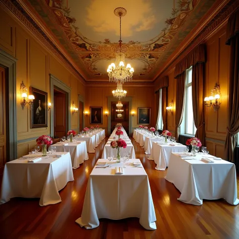 layout of a banquet hall of a restaurant square tables visible floor