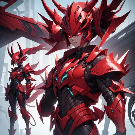 Create a beastly alien, a demon with horns and futuristic armor with red details. Must be half humanoid and robust.