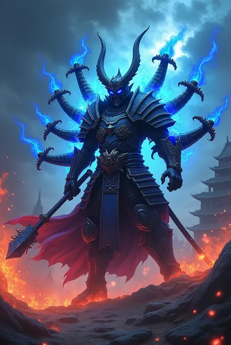 Demonic blue flame Japanese barbarian theme kinght with 10 hands having different weapons on each hand