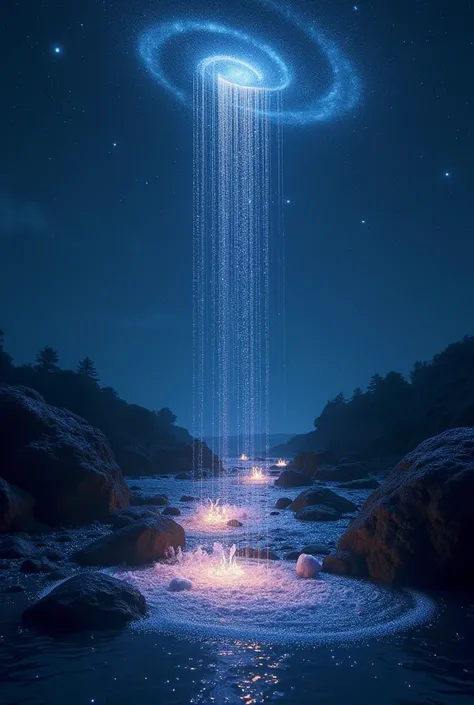 Imagine a night sky where stars do not just twinkle but weep, sending streams of liquid light down to the earth below. These celestial tears fall slowly, crystallizing into glowing droplets as they touch the ground, creating a landscape dotted with luminou...