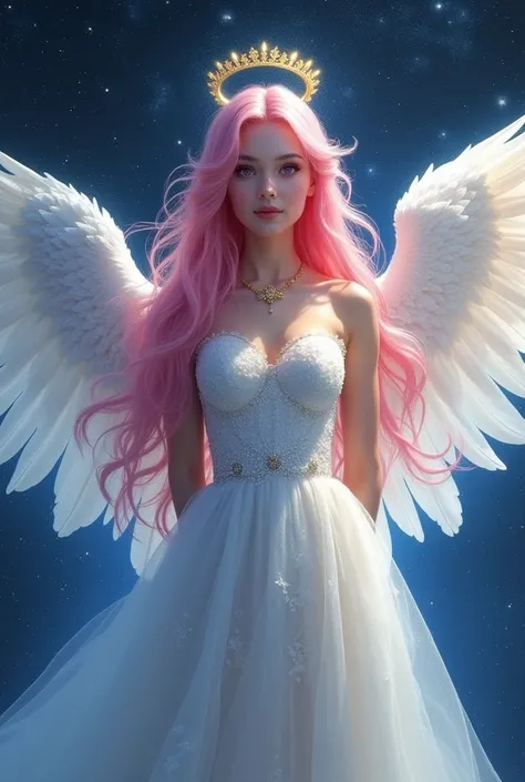 masterpiece, best quality, pink hair, pink eyes, white gown, angel, angel wings, golden halo, dark background, upper body, (closed mouth:1.2), looking at viewer, arms behind back, blue theme, stars, starry night