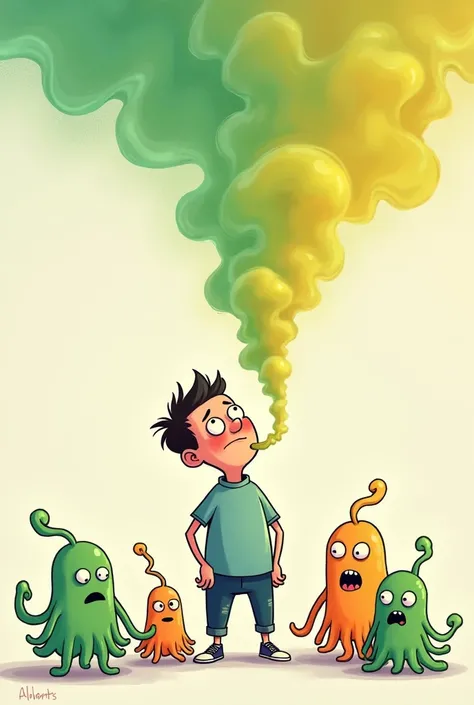 Image of a person with clear smoke coming out of their mouth representing their bad breath and several germs around them .the image is creative, colorfully, several details
 .The environment is clear