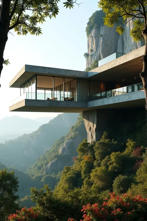 Cantilevered building withconcrete and glass on its facade