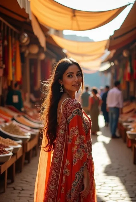 A beautiful tall brunette Algerian in a souk with traditional clothes