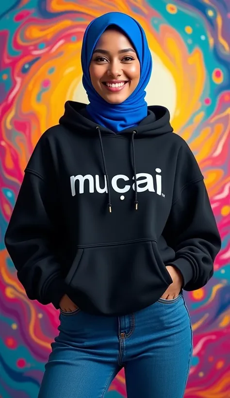 a full body picture of woman, wearing blue hijab, black hoodie write "MUCAI" on long cut hoodie and blue jeans, back ground is colorful, vibrant, ((Masterpiece, Top Quality, High Resolution, Photorealistic, Raw, 8K)), standing and facing forward, smilling