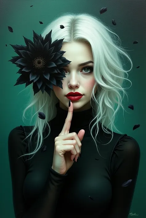 An Acrylic style painting that is expressive, gives it a dynamic and emotional quality. Anime art of a stylized portrait of a woman with a ethereal black and green mist surrounding her body. The mist creates a dramatic and surreal effect. A black flower, t...