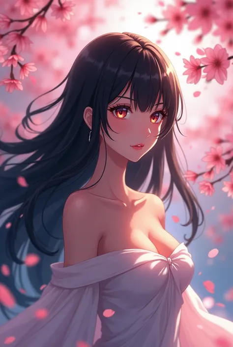 Anime girl hair colour is black with out clothes and have a huge breast